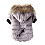 Light gray hooded pet puffer jacket with faux-fur trim and black drawstring