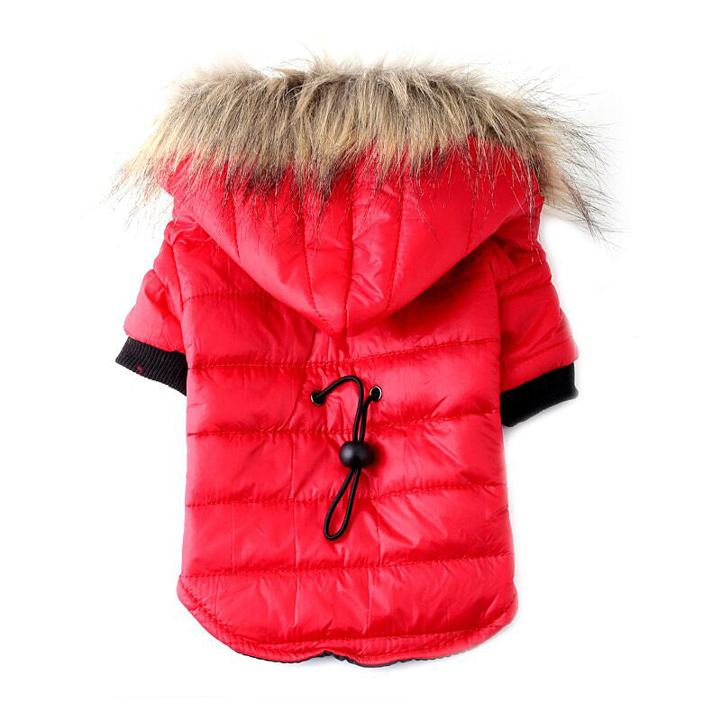 Red hooded pet puffer jacket with faux-fur trim and black drawstring