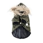 Olive green hooded pet puffer jacket with faux-fur trim and black drawstring
