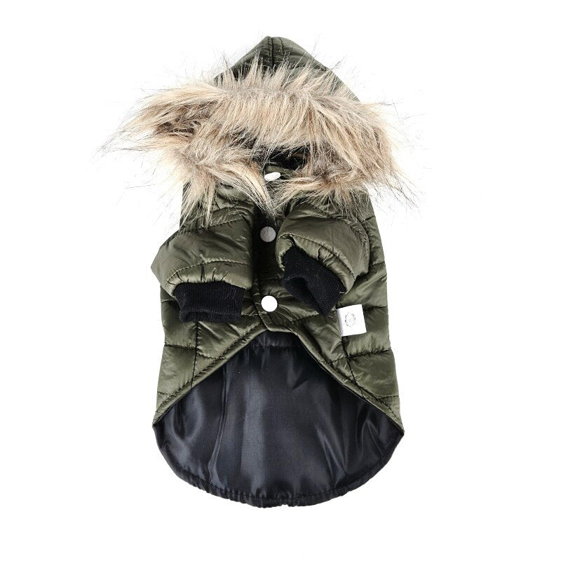 Olive green hooded pet puffer jacket with faux-fur trim and black drawstring