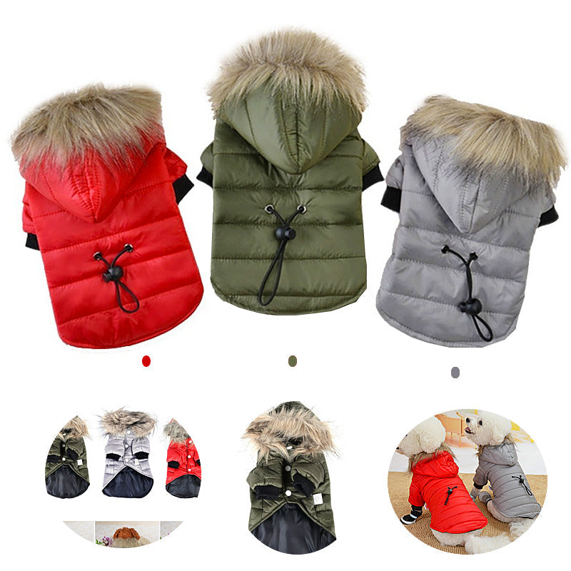 Hooded pet puffer jacket set with faux-fur trim, red, green, and gray