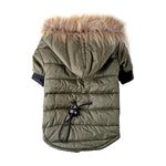 Olive green hooded pet puffer jacket with faux-fur trim and black drawstring