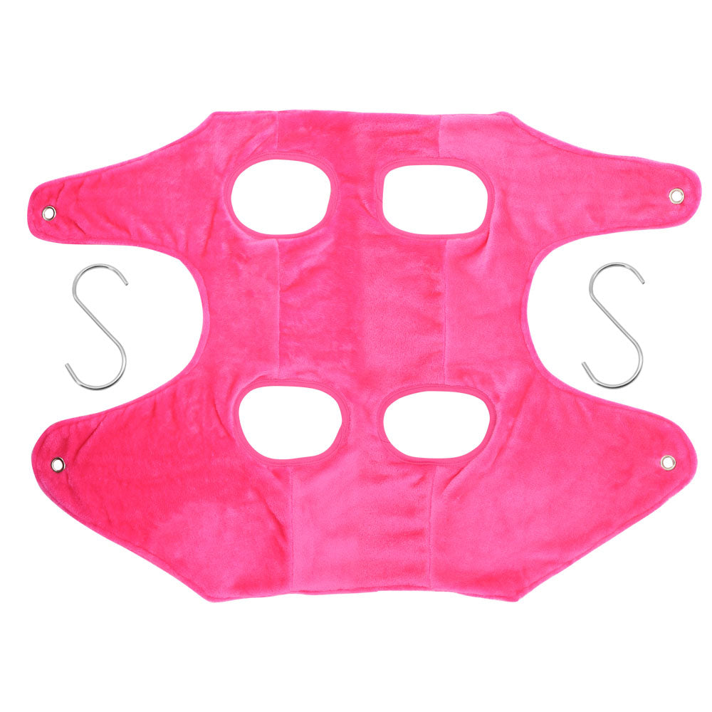 Pink grooming hammock helper restraint bag with four paw holes and metal hooks