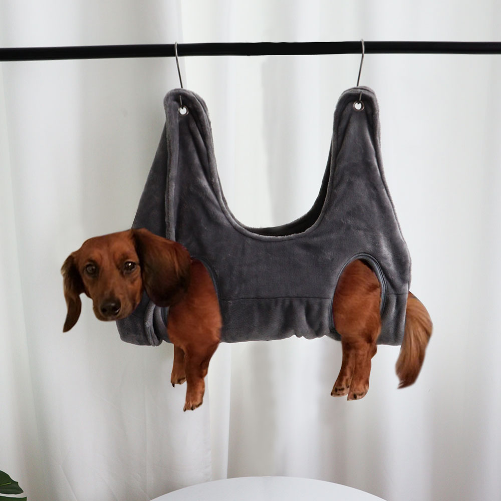 Dark pet grooming hammock restraint bag with four leg openings and hanging loops