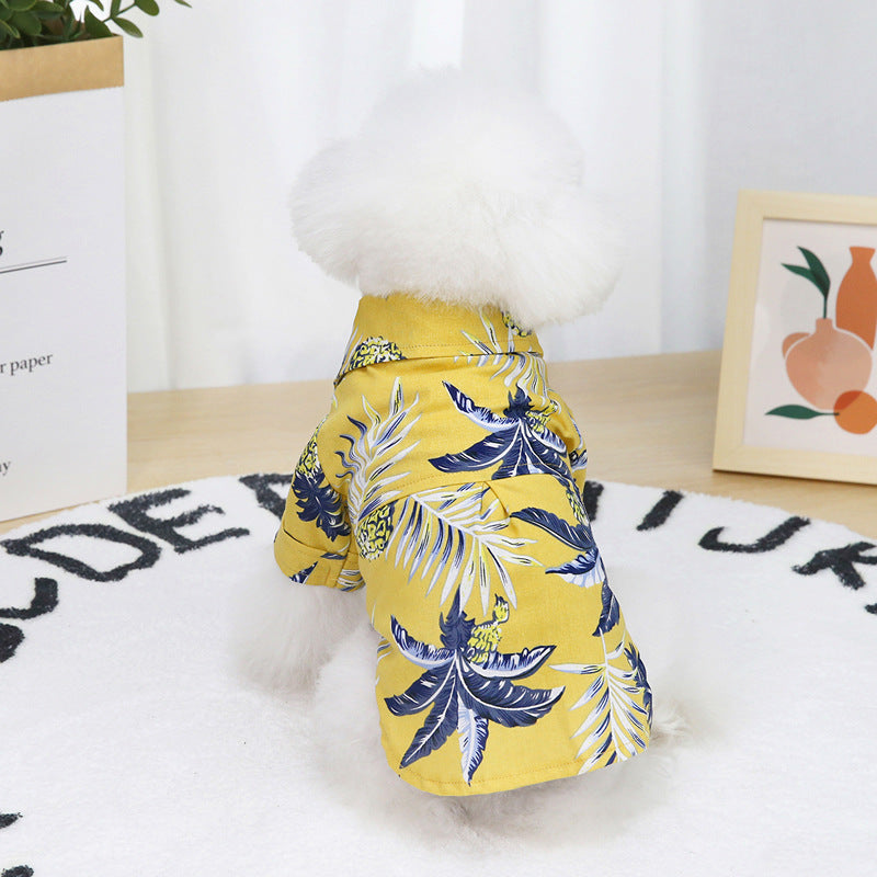 Yellow tropical-print cotton dog shirt, back view with collar