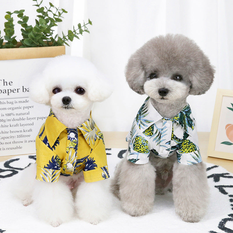 Yellow tropical-print cotton dog shirt with collar, short sleeves