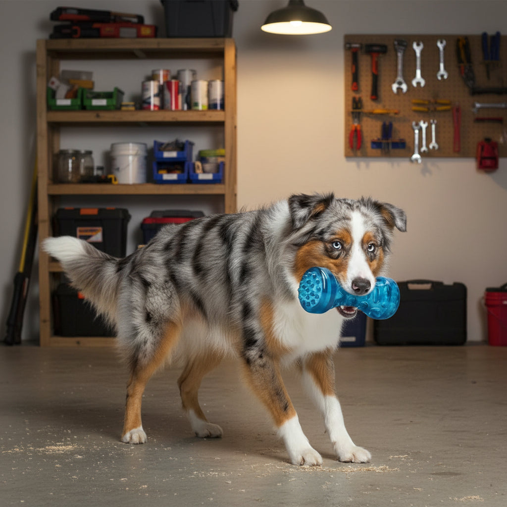 Peacock blue squeaky dog chew bone toy held in a dog’s mouth, textured grip.