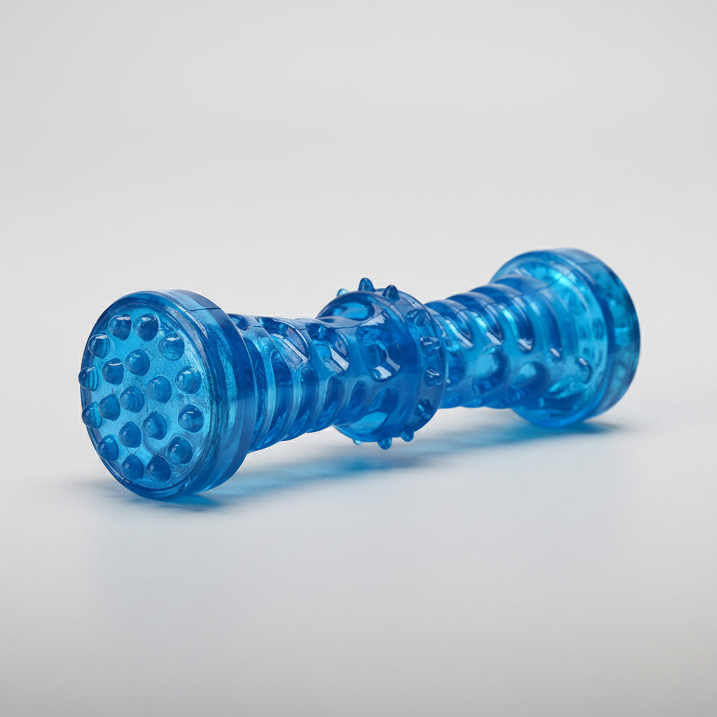 Peacock blue squeaky dog chew bone with ribbed center and studded ends.