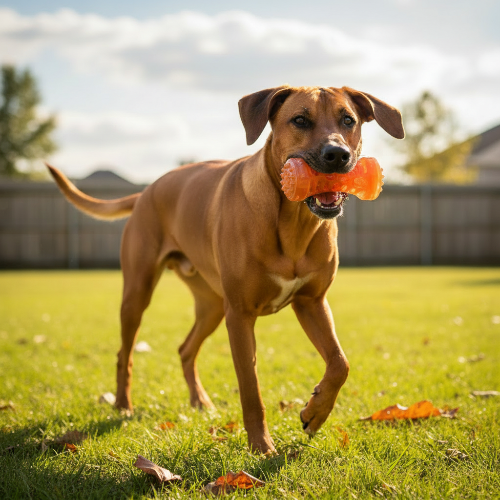 Orange squeaky dog chew bone in a dog’s mouth, textured grip surface visible.