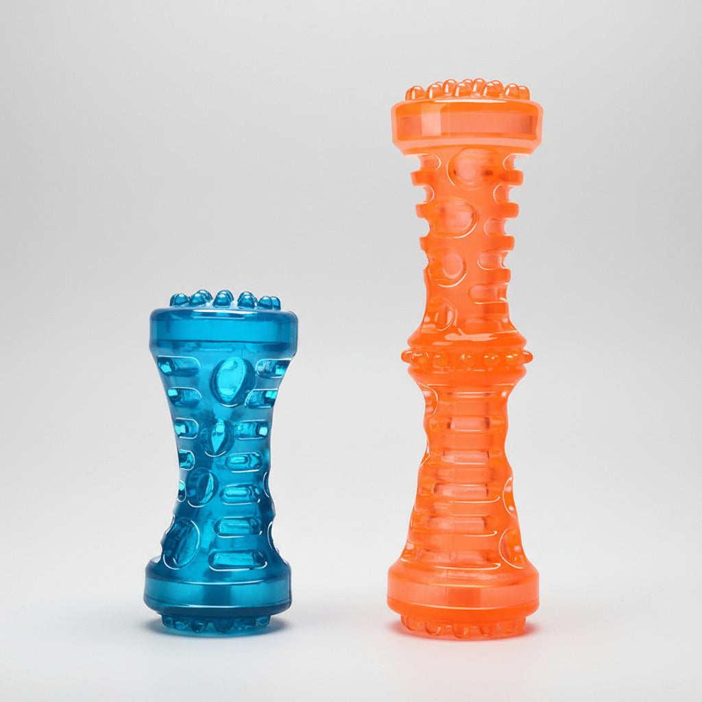 Squeaky pet toy pair: peacock blue and orange textured dog chew bones.
