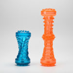 Squeaky pet toy pair: peacock blue and orange textured dog chew bones.