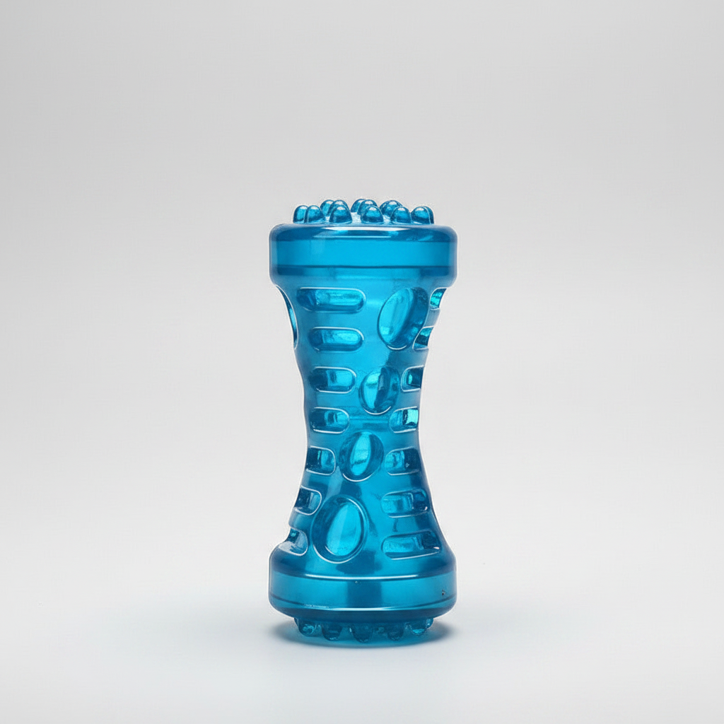 Peacock blue squeaky dog chew bone toy with raised paw-print texture.