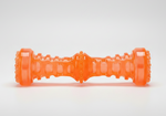 Orange squeaky dog chew bone toy lying down, ribbed center and end grips.