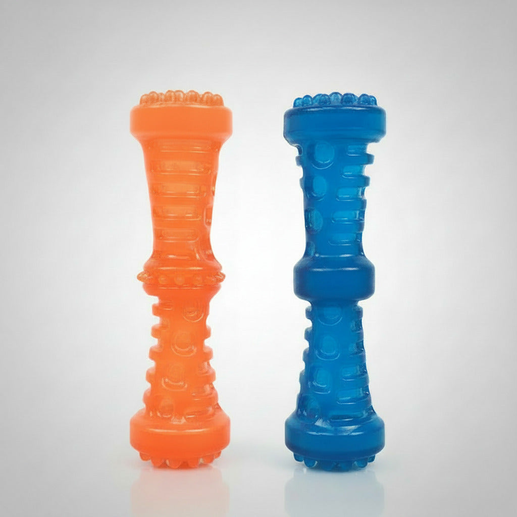 Squeaky pet toy pair in peacock blue and orange, textured handle design.