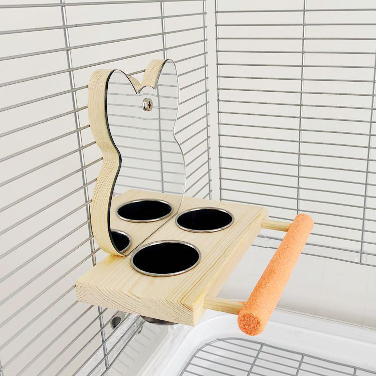 Claw grinding bird toy stand with mirror, four stainless cups, and two orange brush bars
