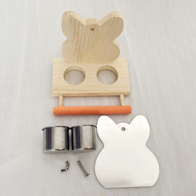 Wooden bird toy parts: mirror back, two stainless cups, orange bar, screws and hardware