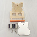 Wooden bird toy parts: mirror back, two stainless cups, orange bar, screws and hardware