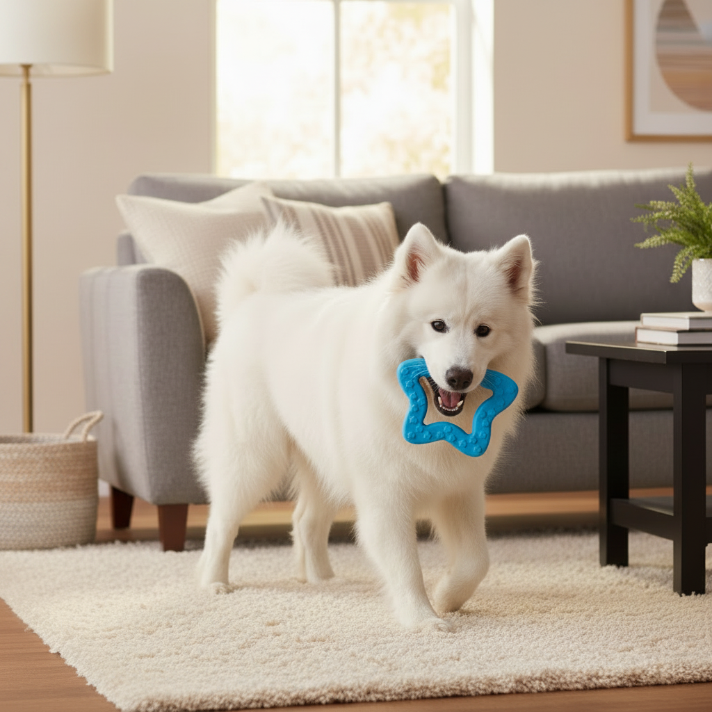 White dog holding a blue star-shaped rubber chew toy with paw-texture nubs.
