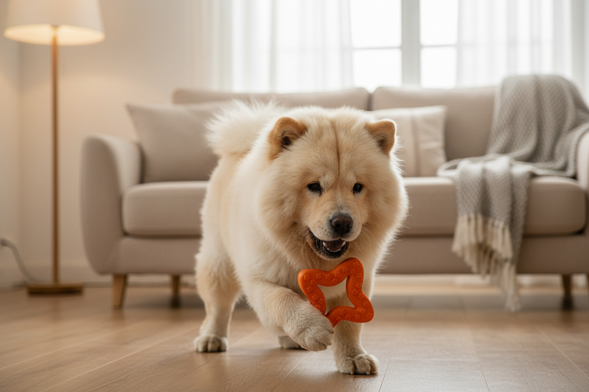 Tan dog carrying an orange star-shaped rubber chew toy with paw-texture nubs.