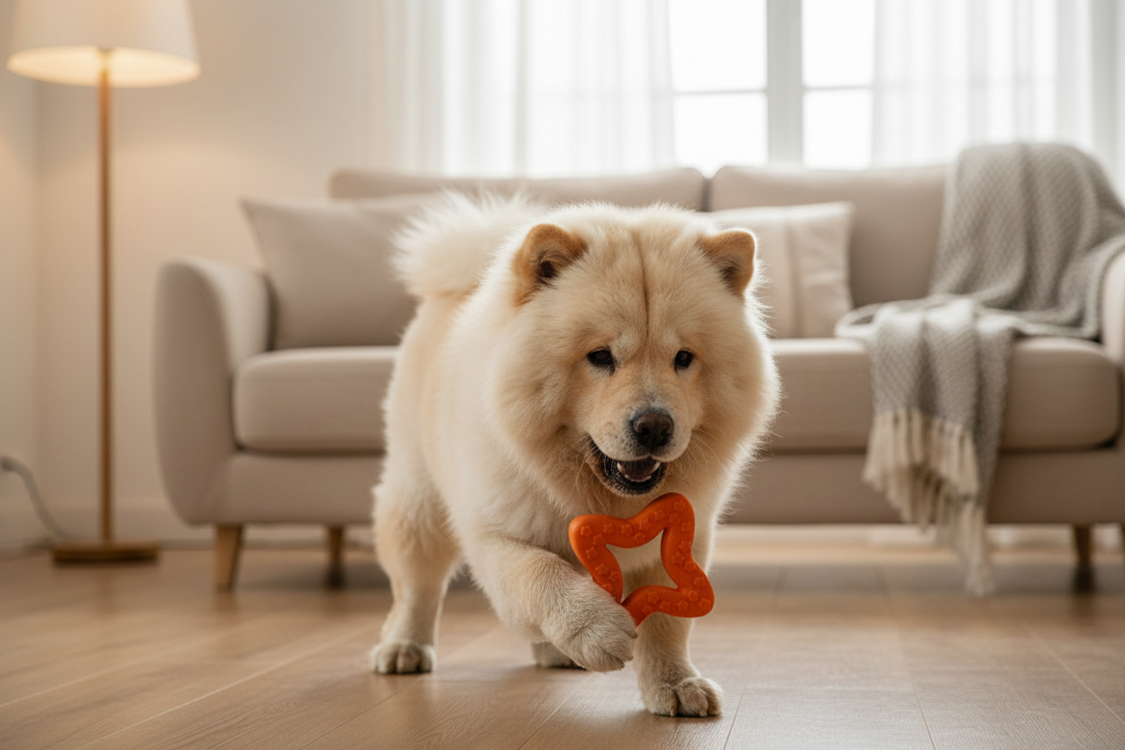 Tan dog carrying an orange star-shaped rubber chew toy with paw-texture nubs.