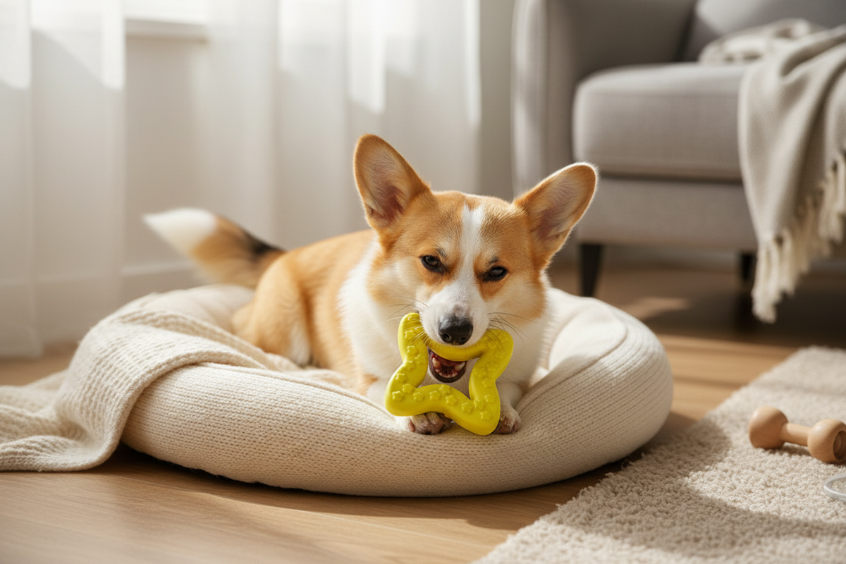 Dog lying with a yellow star-shaped rubber chew toy featuring paw-texture nubs.
