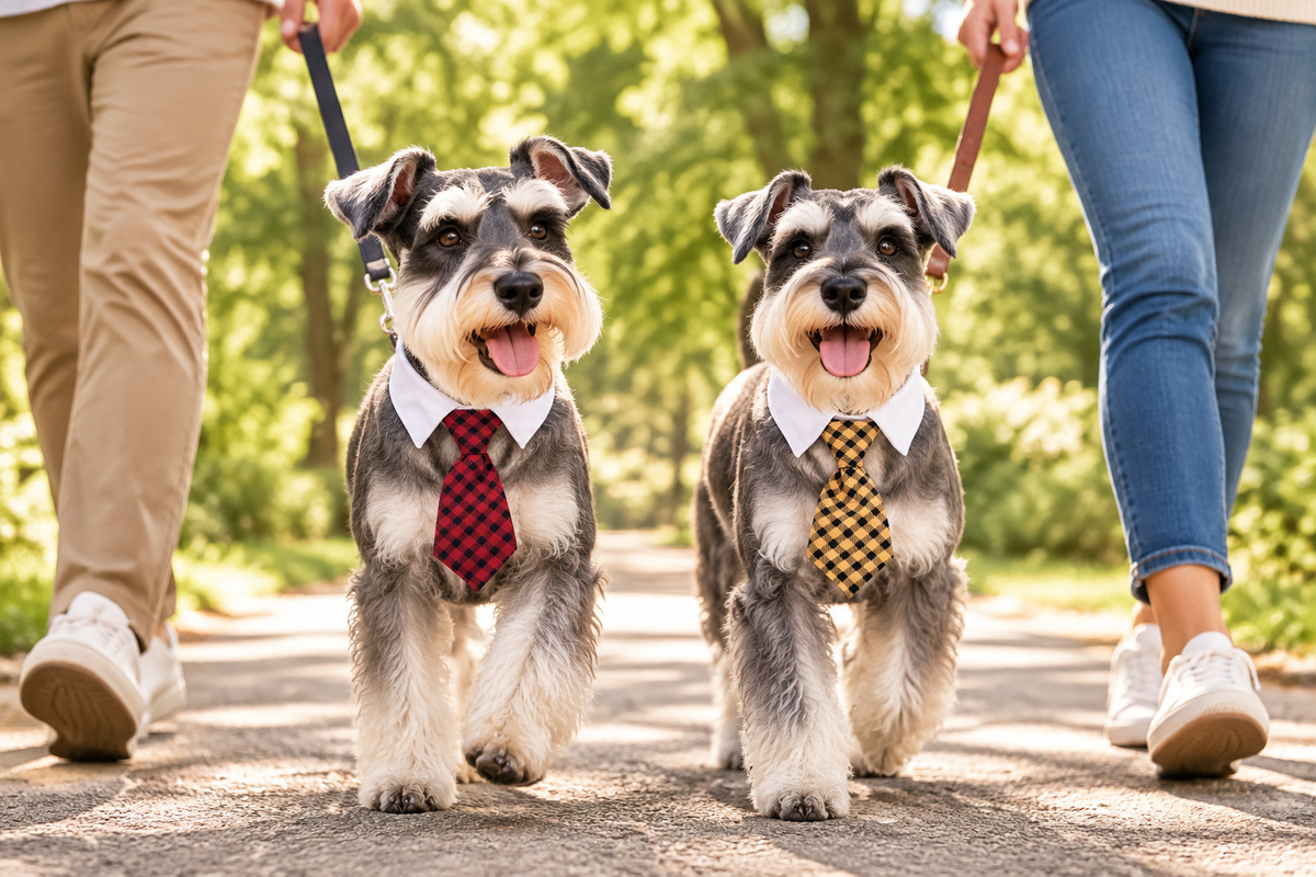Dog neck ties with white collars, one red solid and one yellow check, two dogs