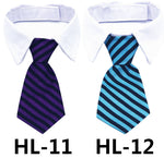 Pet dress-up tie on white shirt collar, yellow and navy striped pattern