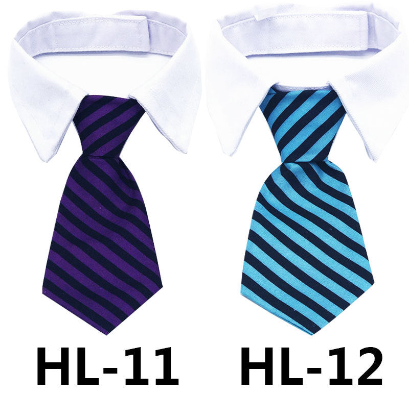 Pet dress-up tie on white shirt collar, yellow and navy striped pattern