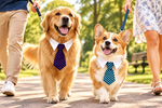Pet dress-up tie for dogs and cats: white collar with purple and teal striped ties on two dogs