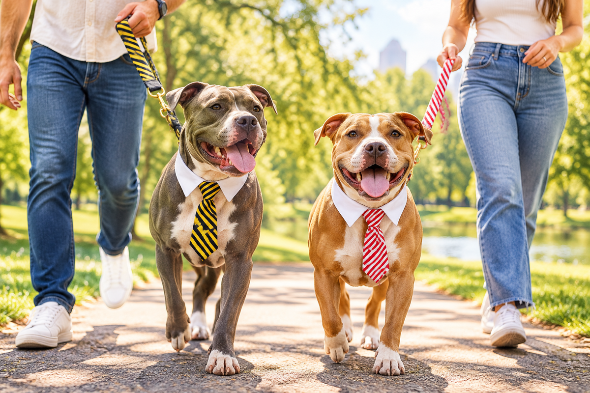 Pet dress-up tie for dogs and cats: yellow striped tie and red striped tie on two dogs