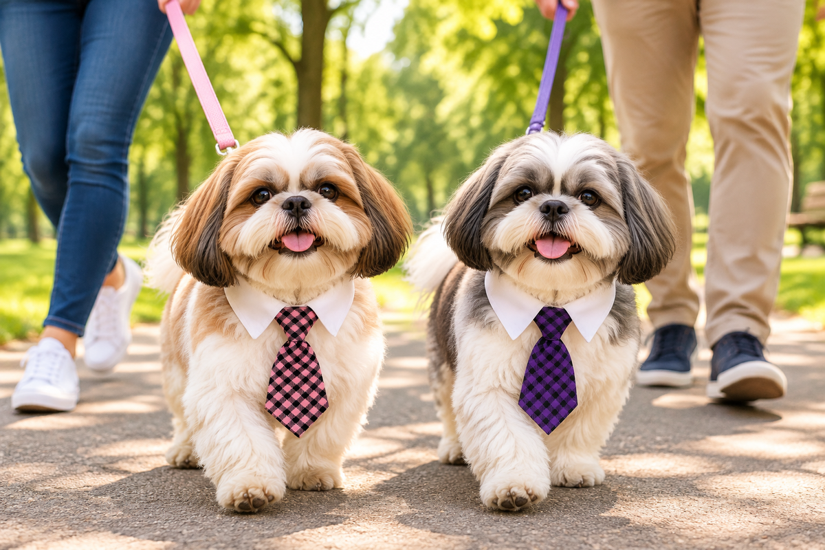 Dog neck tie with white collar, purple solid; two front-facing small dogs