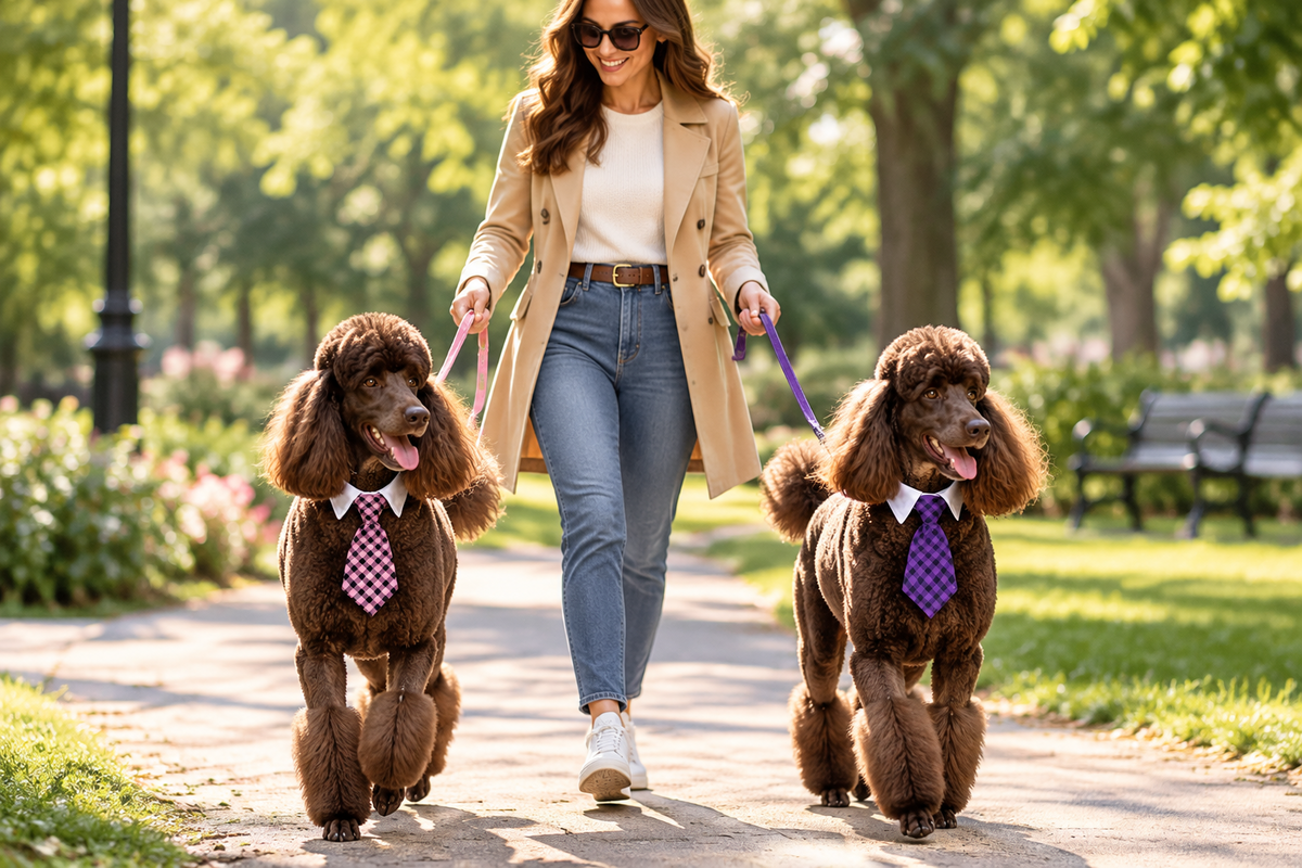 Dog neck tie with white collar, purple checkered pattern; two brown dogs walking