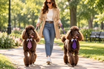 Dog neck tie with white collar, purple checkered pattern; two brown dogs walking