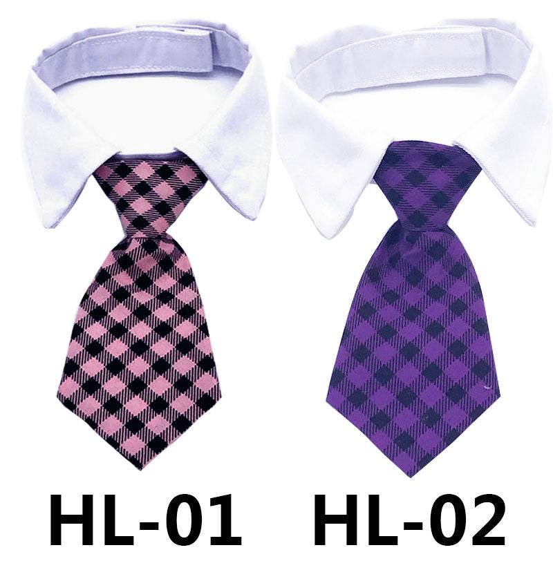 Pet dress-up tie on white shirt collar, purple and black plaid pattern