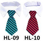 Pet dress-up tie on white shirt collar, navy and white diagonal stripe pattern