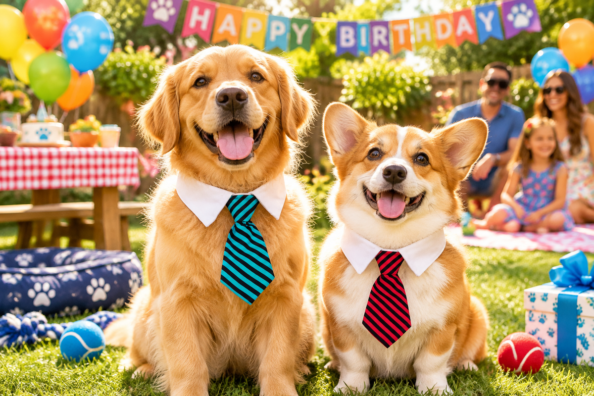 Pet dress-up tie for dogs and cats: teal striped tie and red striped tie on two dogs