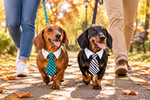 Dog neck tie with white collar, blue checkered and black-striped style, two dogs