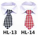 Pet dress-up tie on white shirt collar, red and white striped pattern