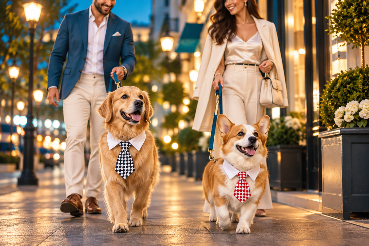 Pet dress-up tie for dogs and cats: white collar with black-and-white checkered and red checkered ties