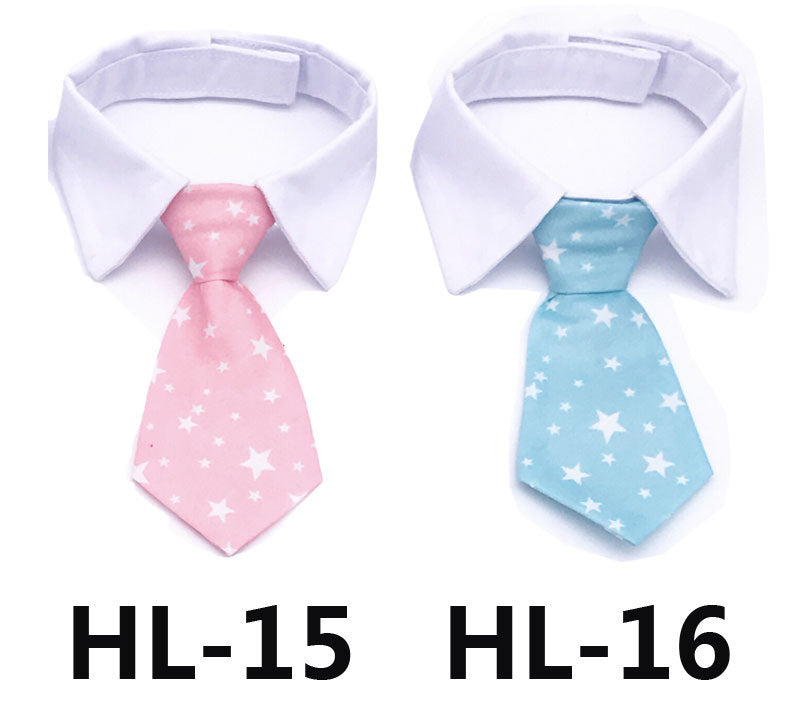 Pet dress-up tie on white shirt collar, teal and black striped pattern