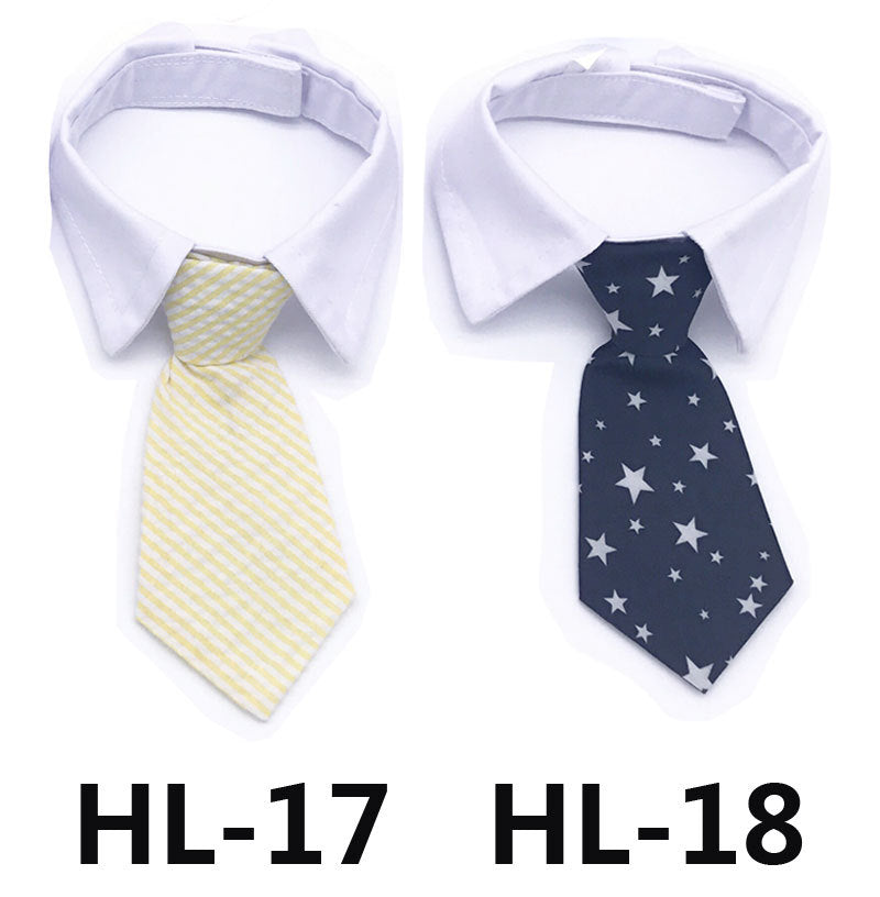 Pet dress-up tie on white shirt collar, red and black striped pattern