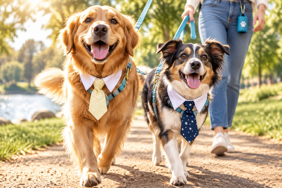 Pet dress-up tie for dogs and cats: yellow patterned tie and navy star-striped tie on two dogs