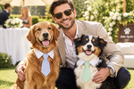 Pet dress-up tie for dogs and cats: light-blue striped tie and green striped tie on two dogs
