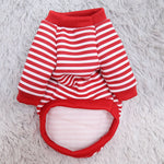 Red and white striped pet sweatshirt with hood and belly opening
