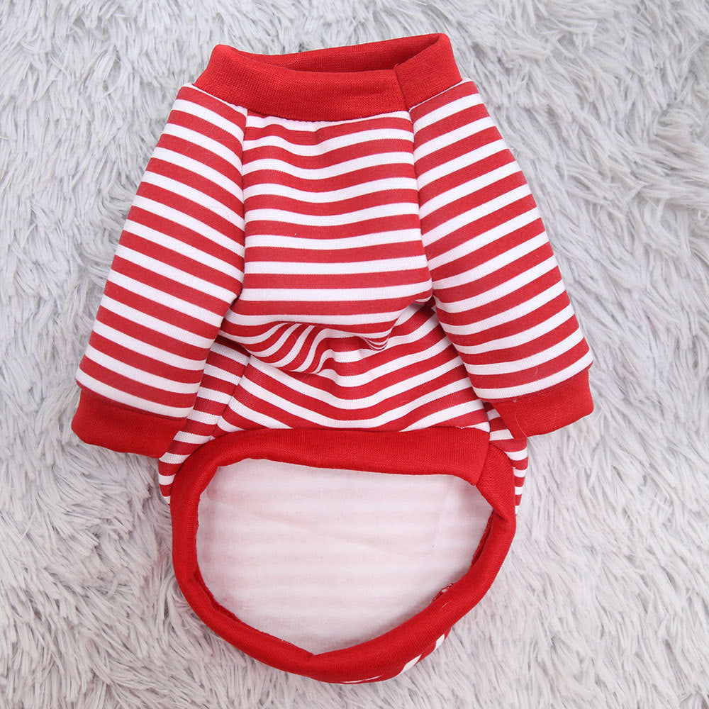 Red and white striped pet sweatshirt with hood and belly opening