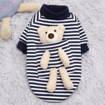 Navy striped pet hoodie with tan teddy bear face and front pocket