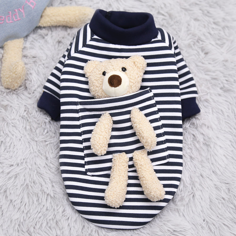 Navy striped pet hoodie with tan teddy bear face and front pocket