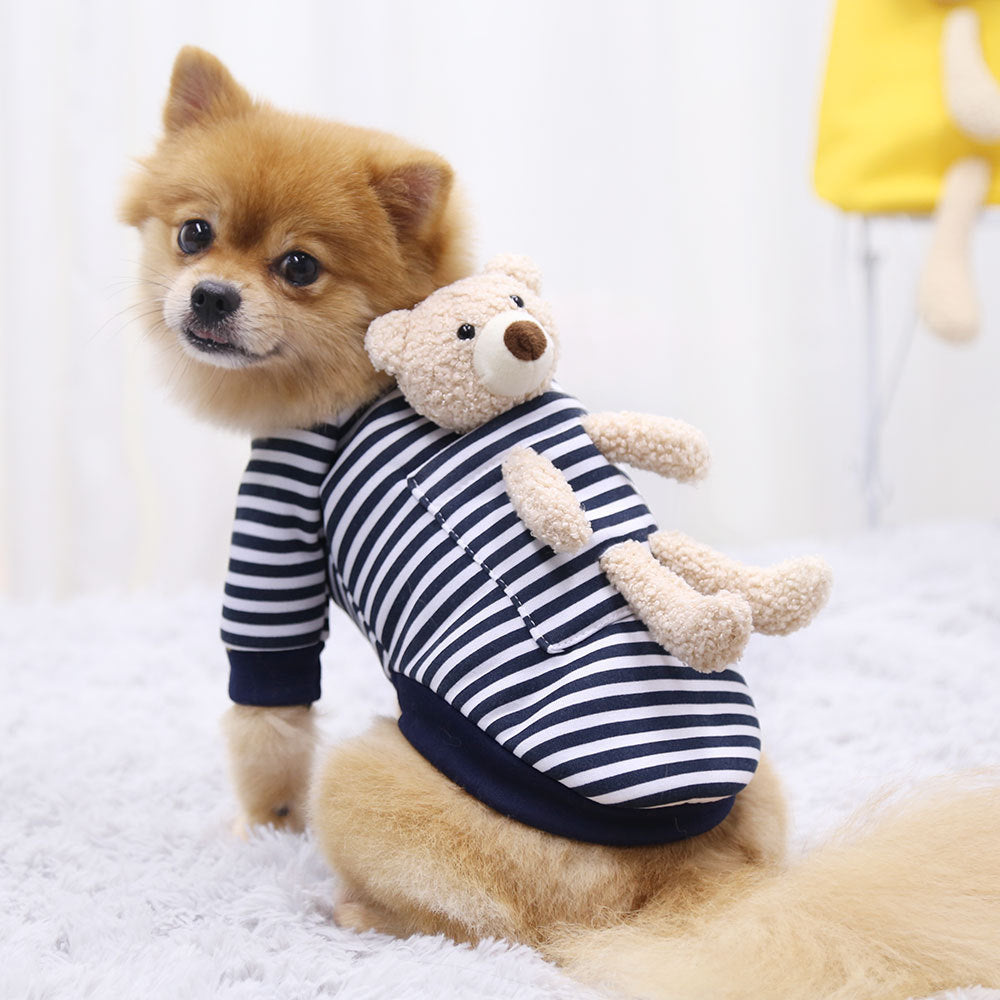 Navy and white striped pet sweater with teddy bear applique