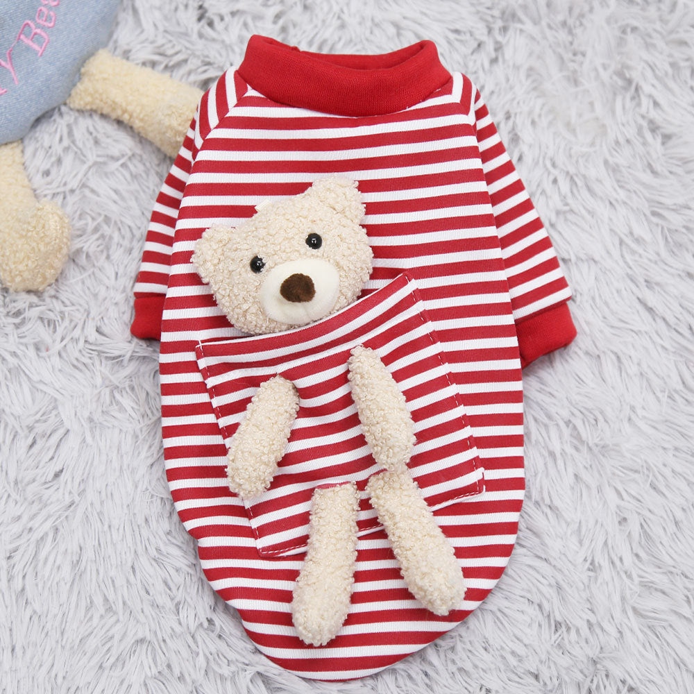 Red and white striped pet hoodie with tan teddy bear applique