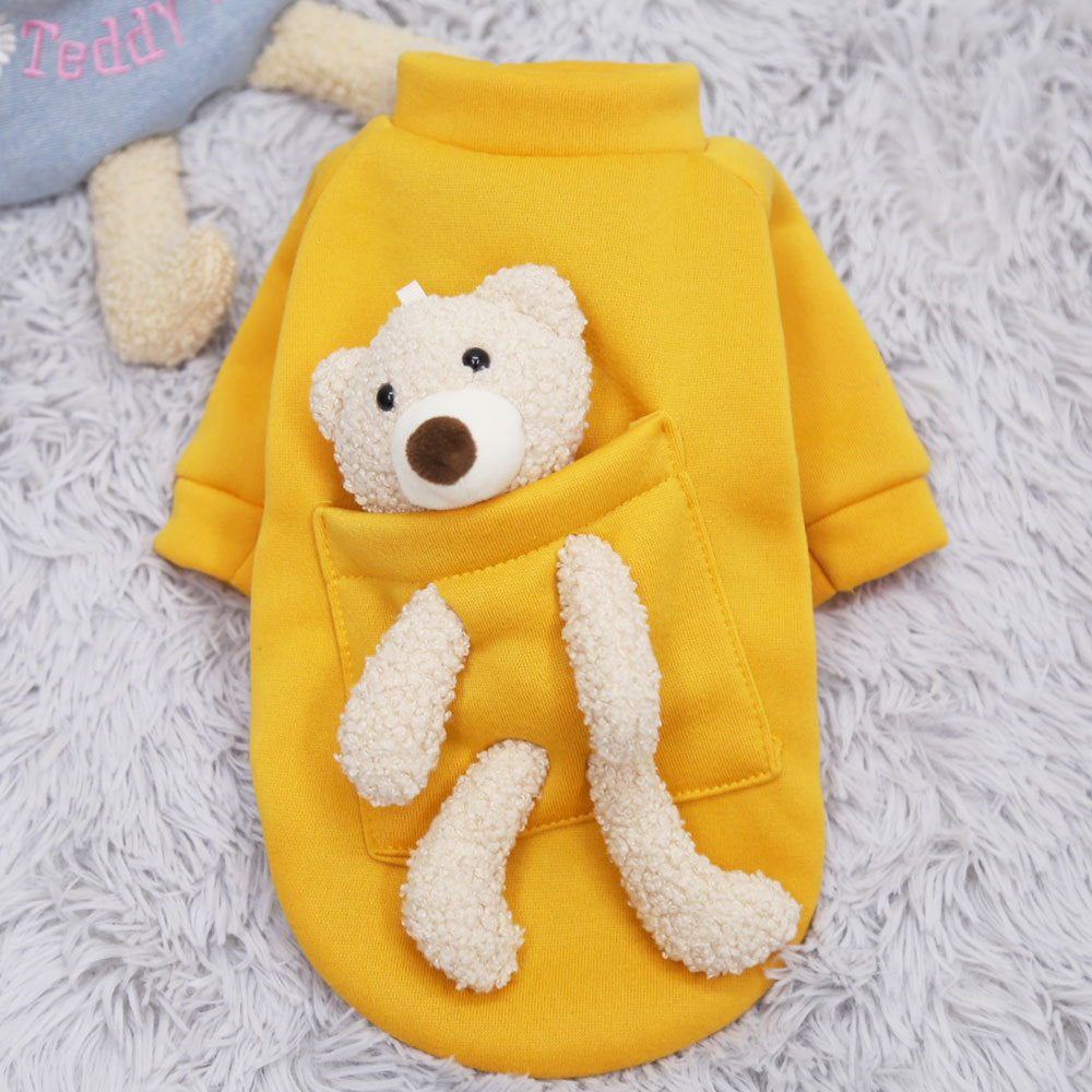 Yellow pet hoodie with tan teddy bear applique and front pocket